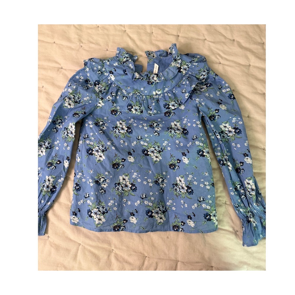 Janie and Jack Kids Blue‎ Floral Ruffle Collar Blouse Smocked Cuff Top Size 8